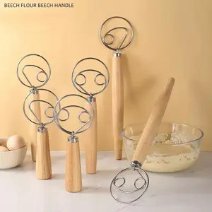 Stainless Steel Dough Whisk with Wooden Handle, 1 Count Manual Dough Mixer, Kitchen Baking Tool for Home Baking House, Baking Utensils Supplies, Baking Accessories
