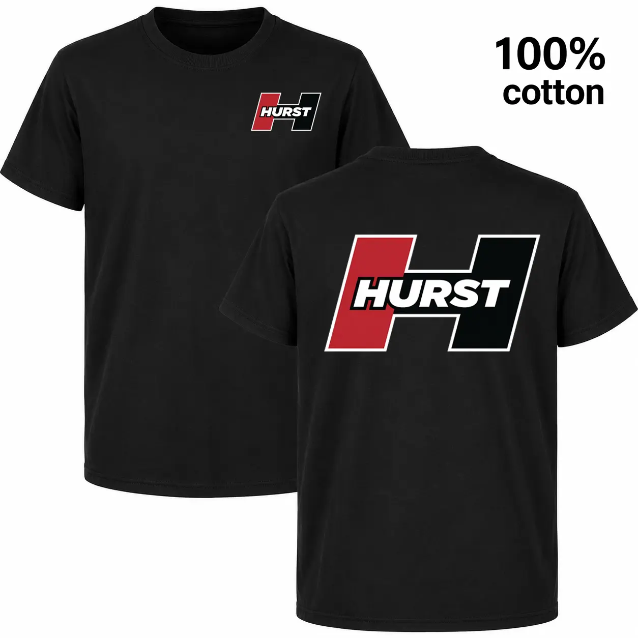 Hurst Front and Back Print Graphic Tee - 100% Cotton Classic Black T-Shirt