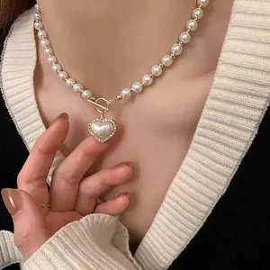 Elegant Imitation Pearl Heart Pendant Necklace, Women's Korean-Style Chain Jewelry, Party Gift Fashion Accessory for Sports & Outdoor Fan Shop Gaming Enthusiasts