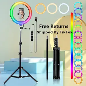 62.9-inch Tripod and Phone Clips Kit - Adjustable Brightness, 30 RGB and 3 White Light Modes,  with 10-inch RGB LED Selfie Ring Lights for Professional Photos and Video Lights#SummerWins#FathersDayGift