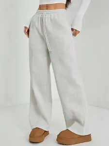 Women's Fleece-lined Solid Color Wide-leg Sweatpants with Elastic Drawstring Waist & Cuffed Ankles, Stylish & Comfy for Daily Wear, Trendy Versatile Activewear for Casual Outfits
