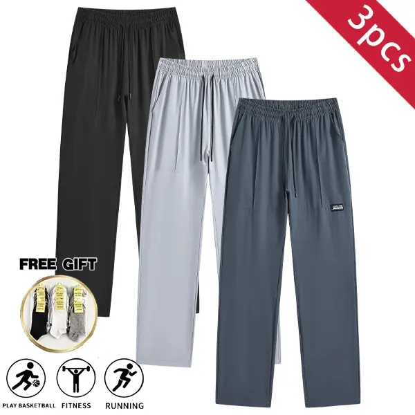 3PCS Summer Men’s Ultra-Thin Breathable Cool-Touch Wide-Leg Athletic Pants, Elastic Waist Drawstring Straight-Leg Long Pants, Versatile Lightweight Casual Pants for Daily Fitness, Basketball, Running, with Complimentary Socks