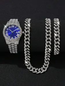 Men's Business Fashion Watch &, Including Round Dial Watch & Cuban Link Bracelet & Necklace, Trendy All-match & Exquisite Watch Set for Birthday Gift, Fashionable Jewelry Set