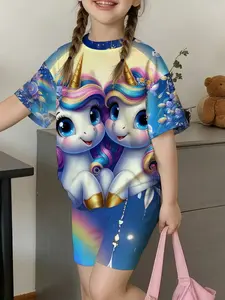 Girls' Spring Summer Unicorn Butterfly Tee Shorts Set, Cute Cartoon Style, Sweet Dreamy Unicorn Print, Perfect for Outdoor Activities