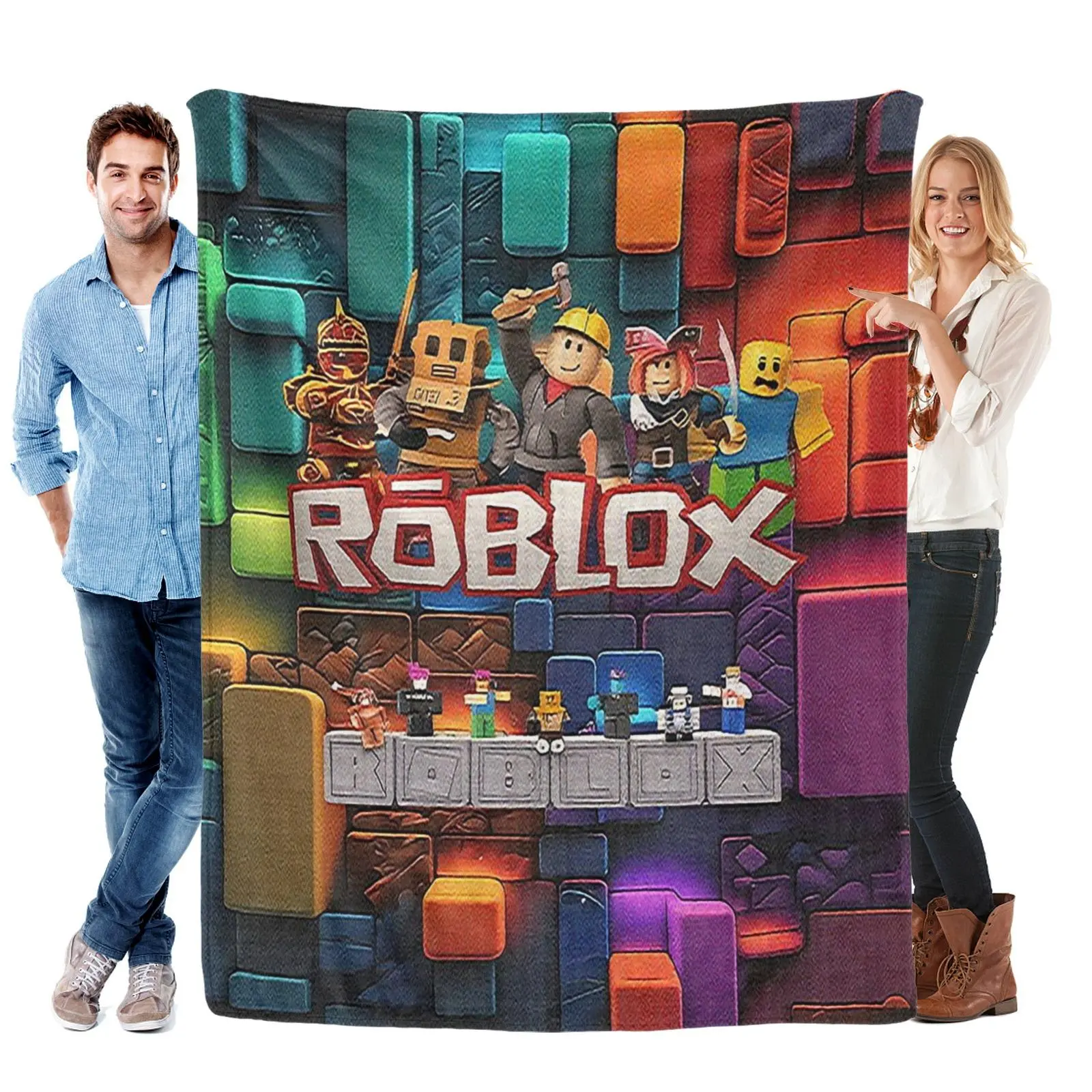 Roblox Game Theme Flannel Weave Blanket, Multi-Size Plush Fabric Warm Throw for Home Leisure, Travel & Sofa Use