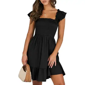 Women's Summer Casual Sleeveless Square Neck Dress 2025 Smocked Ruffle Backless Boho Beach Cute Teen Short Sundress