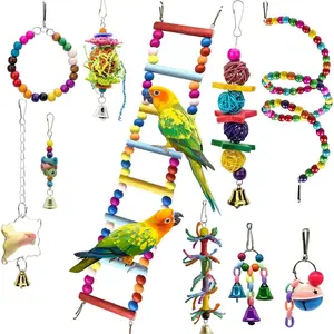 Parrot Bird Toy Set with Swing and Perch Chewing Puzzle for Small Parakeets Conures Cockatiels Natural Wood Bite Blocks Colorful Fun Cage Accessories Destroyable Playstand