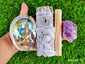 White Sage Smudge Kit Mini with Detailed Instructions, Abalone Shell, Palo Santo, Amethyst Healing Crystal - Sage Smudge Cleansing Kit "C"