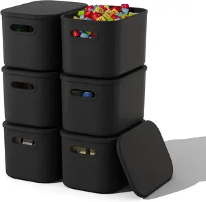 6 Pack Black Storage Bins with  Stackable Storage Container for Organizing, Black Storage Boxes with Handle for Shelves, Cute Organizer Bins for Craft, Snacks, 9.85x6.9x5.7 inch