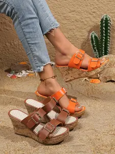 Summer New Dual Buckle Cork Wedge Sandals, Women's Outdoor Height-Boosting Flip Flops, Fashionable PU Upper, Rubber Sole, Casual Outdoor Sandals Footwear Sandal