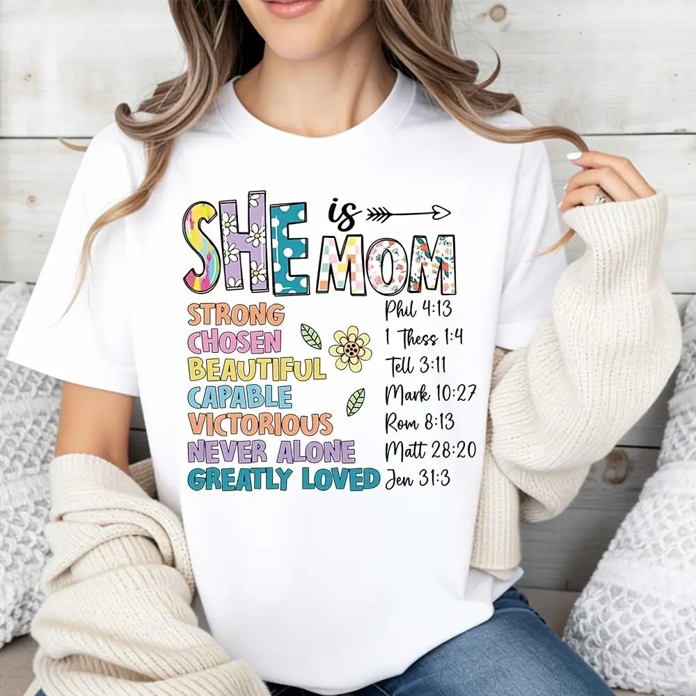 She Is Mom Strong Chosen Beautiful Bible Verse Print T-Shirt, Christian Faith Religious Inspirational Gift, Church Worship Daily Wear