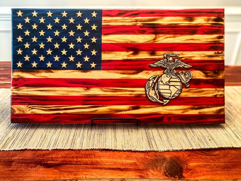Wooden USA Flag with Military Imagery - Unique Design, approximately 14x2x24 Inches, Hand Painted Stars, Ideal for Collectors and Gifts - Decor