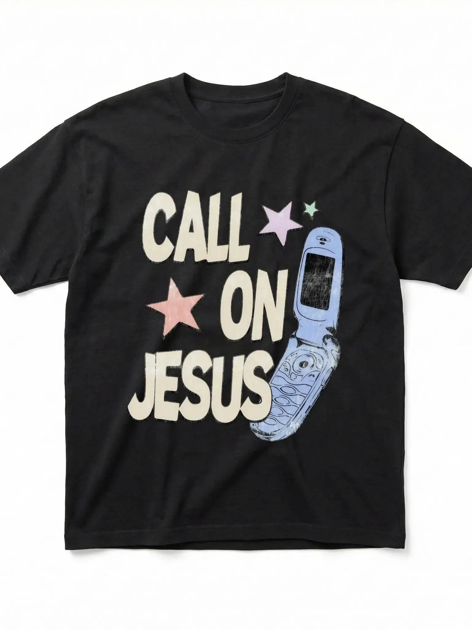 Women's Call On Jesus T-Shirt - Y2K Aesthetic Christian Graphic, Vintage Streetwear, Oversized, 90s Retro Religious Faith Top, Fashion, Soft, Short-Sleeve, Breathable, Unisex, Flip Phone-Inspired, TikTok Trendy Gift tiktokshopspringglowup,summervibes outd
