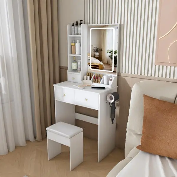 Bellemave Sturdy Modern Glam Makeup Vanity Desk with 3-Mode LED Lights (Warm/Cool/White, Adjustable Brightness), 3 Drawers, Open Storage Shelves, Hair Dryer Holder, Power Socket, Medium MDF Dressing Chair, Beauty Storage Solutions, Assembly Required