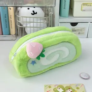 Fun Plush Honeydew Swiss Roll Pencil Case, Cake Roll Shape, Strawberry Pattern, Holds 20-25 Pens and Pencils, Soft Material, Perfect Gift