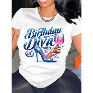 Women's Casual Birthday Diva Graphic T-Shirt - Wine Glass & High Heel Print Crew Neck Short Sleeve Top for Spring Summer Fall, Machine Washable Party & Celebration Apparel, Birthday Shirts, Fall Festive Clothing