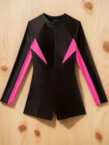 New Long Sleeve One-Piece Swimsuit, Hot Spring Swimwear, Conservative Ladies Colorblock Jumpsuit, Women's Bathing Suit, Swim Bodysuit