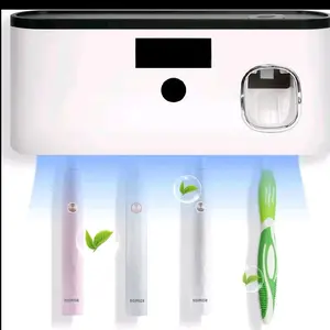 Toothbrush Sterilizer Bracket, USB Rechargeable Toothbrush Cleaner Rack Automatic Toothpaste Dispenser 2 in 1 with 5 slots, cordless wall-mounted toothbrush holder for bathroom decoration Light Gift Glass