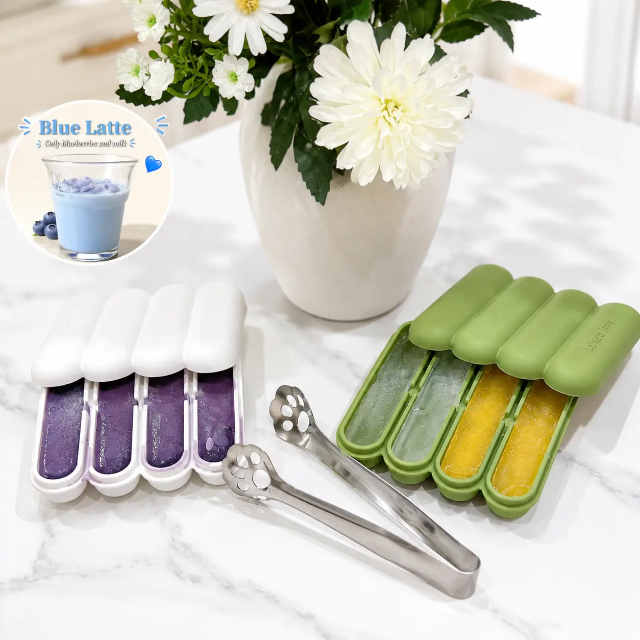 3Piece Silicone Ice Stick Mold Set - 2 Trays+Tong, 1-Second  Release,Dishwasher Safe,Ideal for Iced Coffee, Tea, Fruit Ice, Milk Ice & Tumblers.Fits Narrow Neck  Bottles,ice stick mold,long slim ice tray,ice pop mold,drink cooling ice mold，bottle ice tray