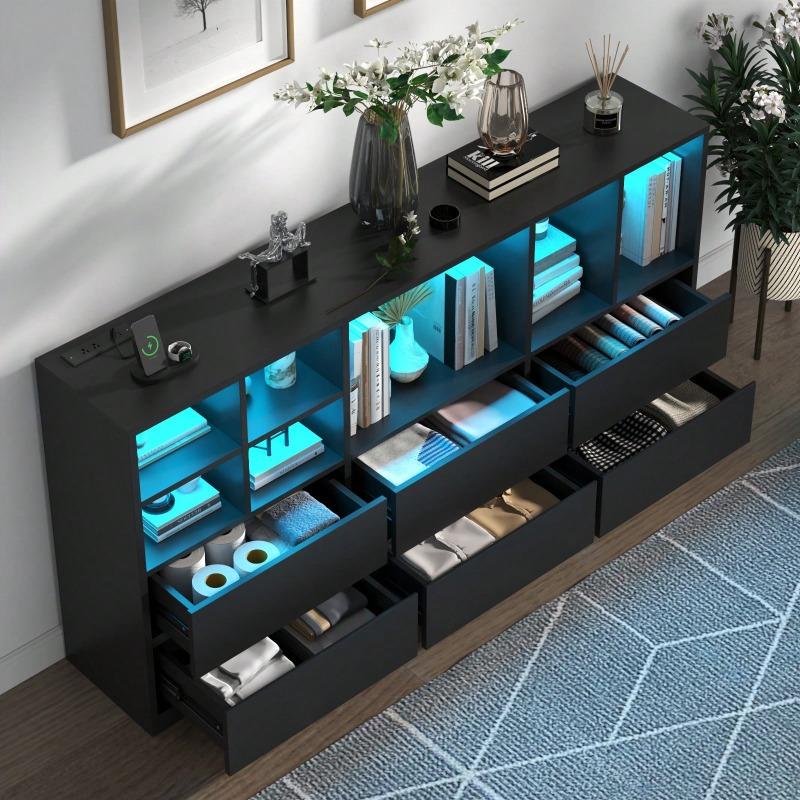 White / Black 6 Drawers Dresser With 7 Storage Cubbies, Chest Of Drawers With Power Outlet And LED Lights, 63" Triple Wide Long Dresser Organizer For Bedroom, Modern Dresser With Open Shelf For Living Room Wardrobe Cabinet