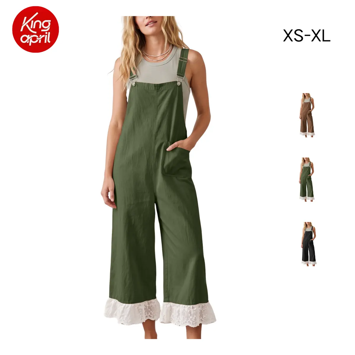 Kingapril Women’s Cotton Wide Leg Jumpsuit, Casual Loose Fit Bib Overalls, Solid Color Sleeveless Romper for Everyday Wear