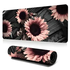 1pc Pink Black Sunflower Butterfly Large Gaming Mouse Pad, Extended Mousepad, Vintage Floral Extended Desk Mat, Non-Slip Stitched Edge Mat, Rubber Base Laptop Keyboard Pad for Home Office & Gamer, Durable and Spill-Resistant, Ideal Gi