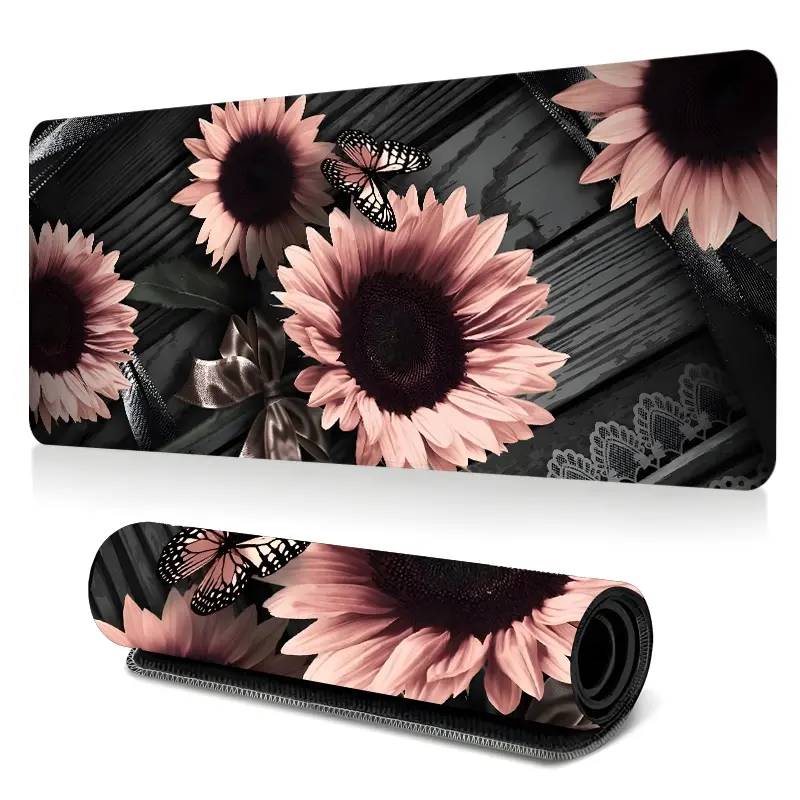 1pc Pink Black Sunflower Butterfly Large Gaming Mouse Pad, Computer Mouse Pad, Extended Mousepad, Vintage Floral Extended Desk Mat, Non-Slip Stitched Edge Mat, Rubber Base Laptop Keyboard Pad for Home Office & Gamer, Durable and Spill-Resistant, Ideal Gi