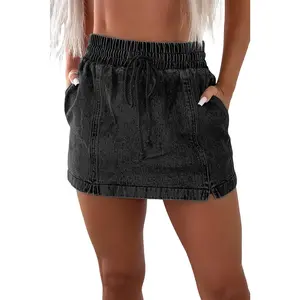 Women's Black Drawstring High Waist Pocketed Denim Shorts - Casual & Stylish