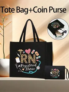 Two-piece Linen Shoulder Tote Bag - Comes with a drawstring pouch that can be used as a coin purse or makeup bag, large capacity, nurse-themed print, forest-style portable bag
