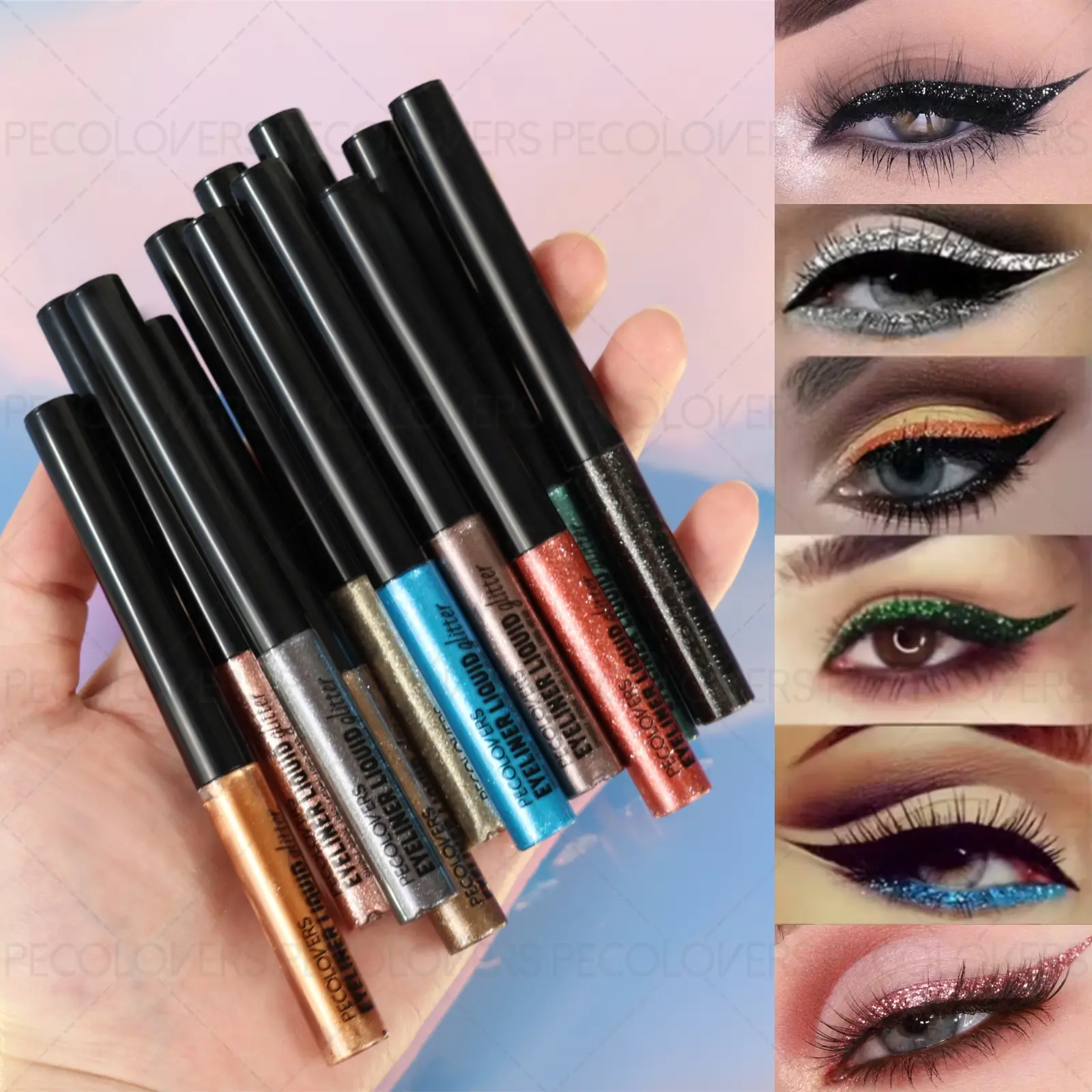 12pcs/set Pearlescent Glitter Liquid Eyeliner Pen Cosmetic, Eye Makeup Products, Waterproof, Rich in Color, Smooth Finish, Ultra-fine Tip, for A Charming Christmas Eye Makeup