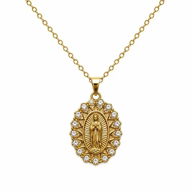 Virgin Guadalupe Necklace with Crystal Accents Gold Tone Stainless Steel Gold Plated Style 3 Elegant Religious Jewelry
