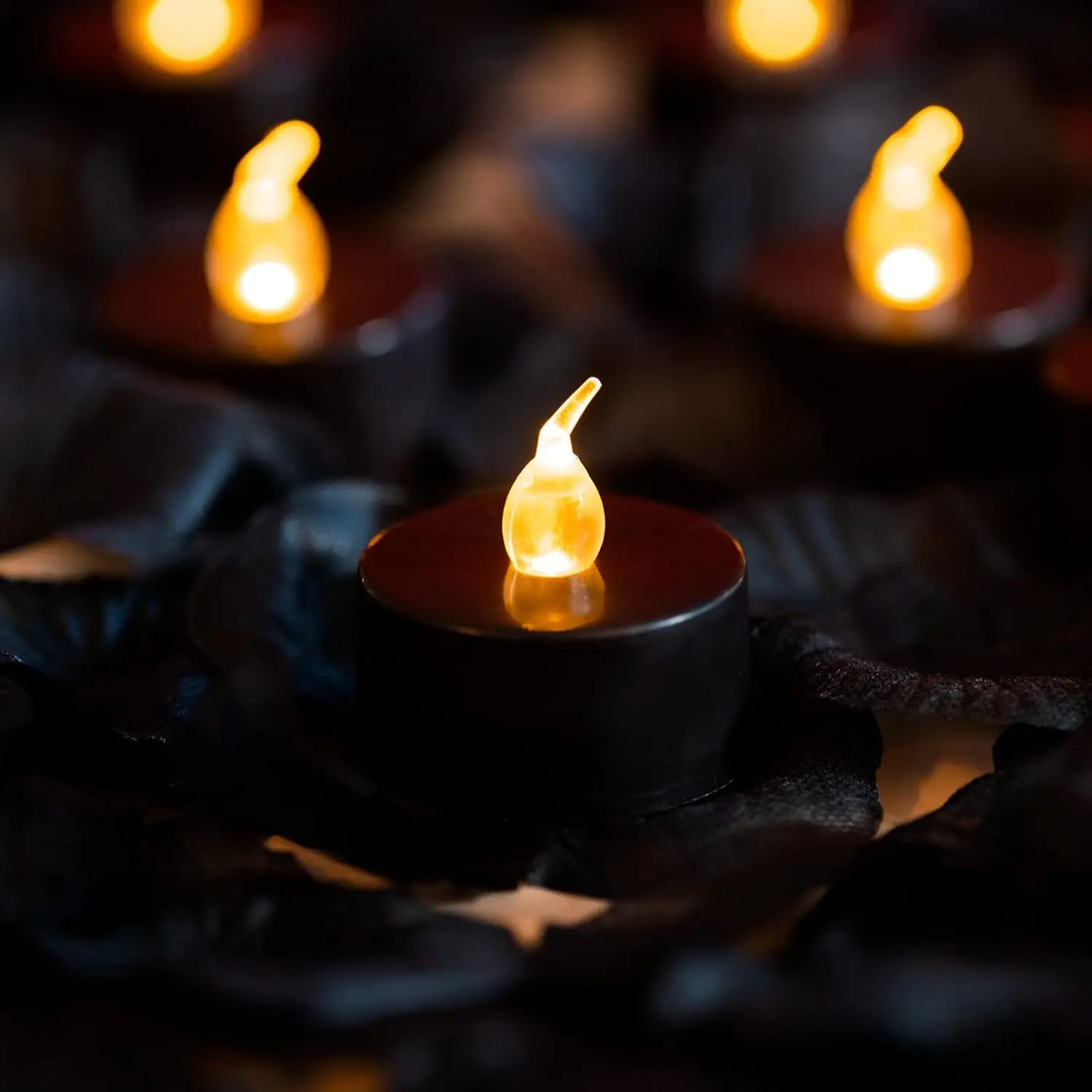 500 count Black Artificial Rose Petals with 24 count Black  Operated Flickering Flameless  Lights Candles (Black  Lights with Black Rose Petals)