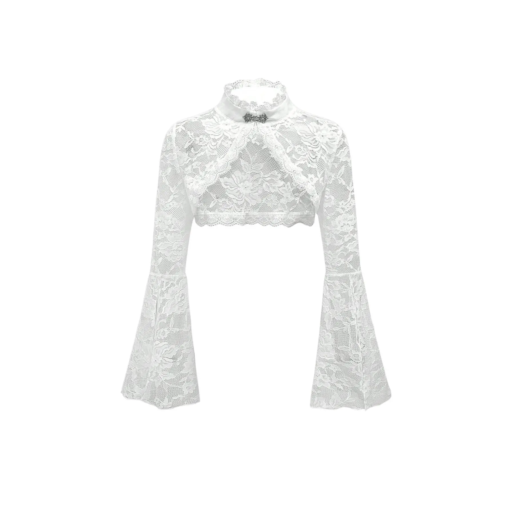 Floral Lace Mesh Bell Sleeve Shrug Bolero Open Front Stand Collar Goth Crop Tops