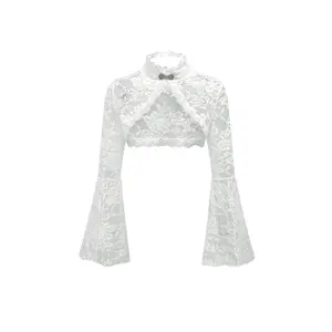 Floral Lace Mesh Bell Sleeve Shrug Bolero Open Front Stand Collar Goth Crop Tops