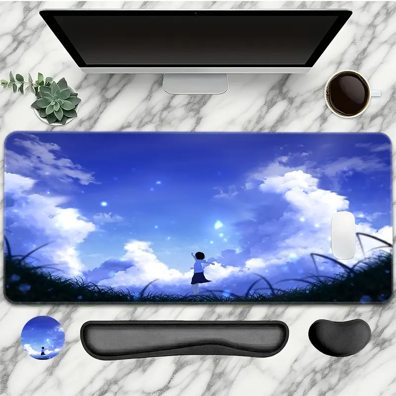 4pc Sky Gaming Mouse Pad Set, Cloud Design with Wrist Support, Non-Slip Rubber Base, Xxl Size for Office & Home Use
