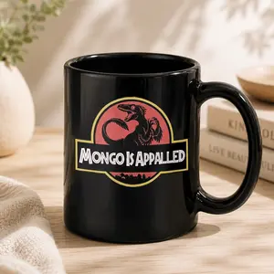 Dungeon Crawler Carl "Mongo Is Appalled" Coffee Mug, Vintage Jurassic Parody Black Ceramic Cup, Funny LitRPG Bookish Dinosaur Raptor Mug