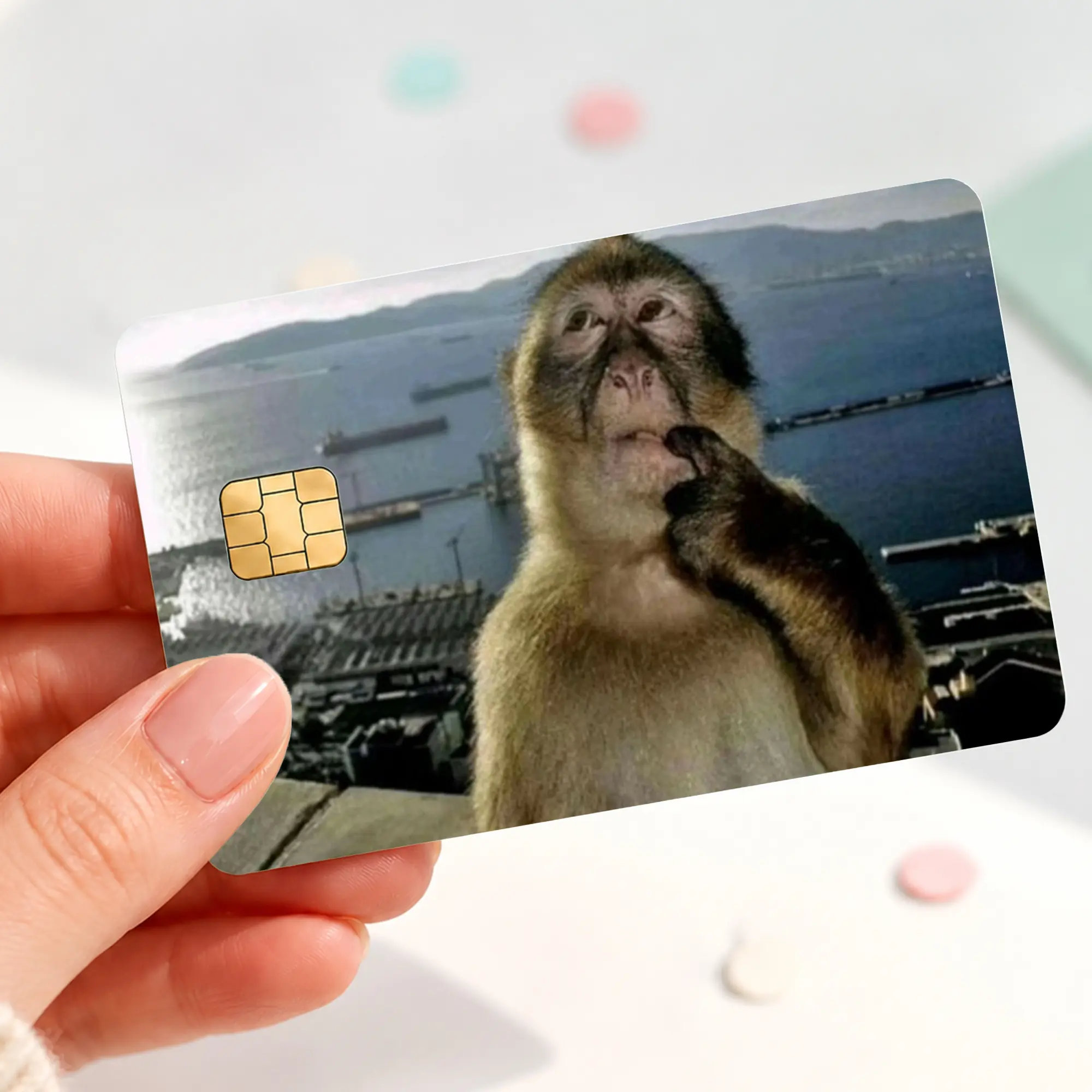 Thinking Monkey Funny Credit Card Skin Sticker, Funny Confused Monkey Debit Card Cover, Reaction Meme Bank Card Decal, Curious Animal Wallet Wrap Gift