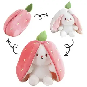 Cute Bunny Stuffed Animal，Carrot and Strawberry Plush Turn into a Rabbit Doll，Soft Stuffed Animal Toy，Reverseible Bunny Design Pillow With Zipper