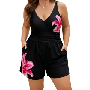 Eagerbuy Plus Size Swim Romper Women One Piece Swimsuit Tummy Control Bathing Suit Modest Full Coverage Swimwear with Shorts Pockets