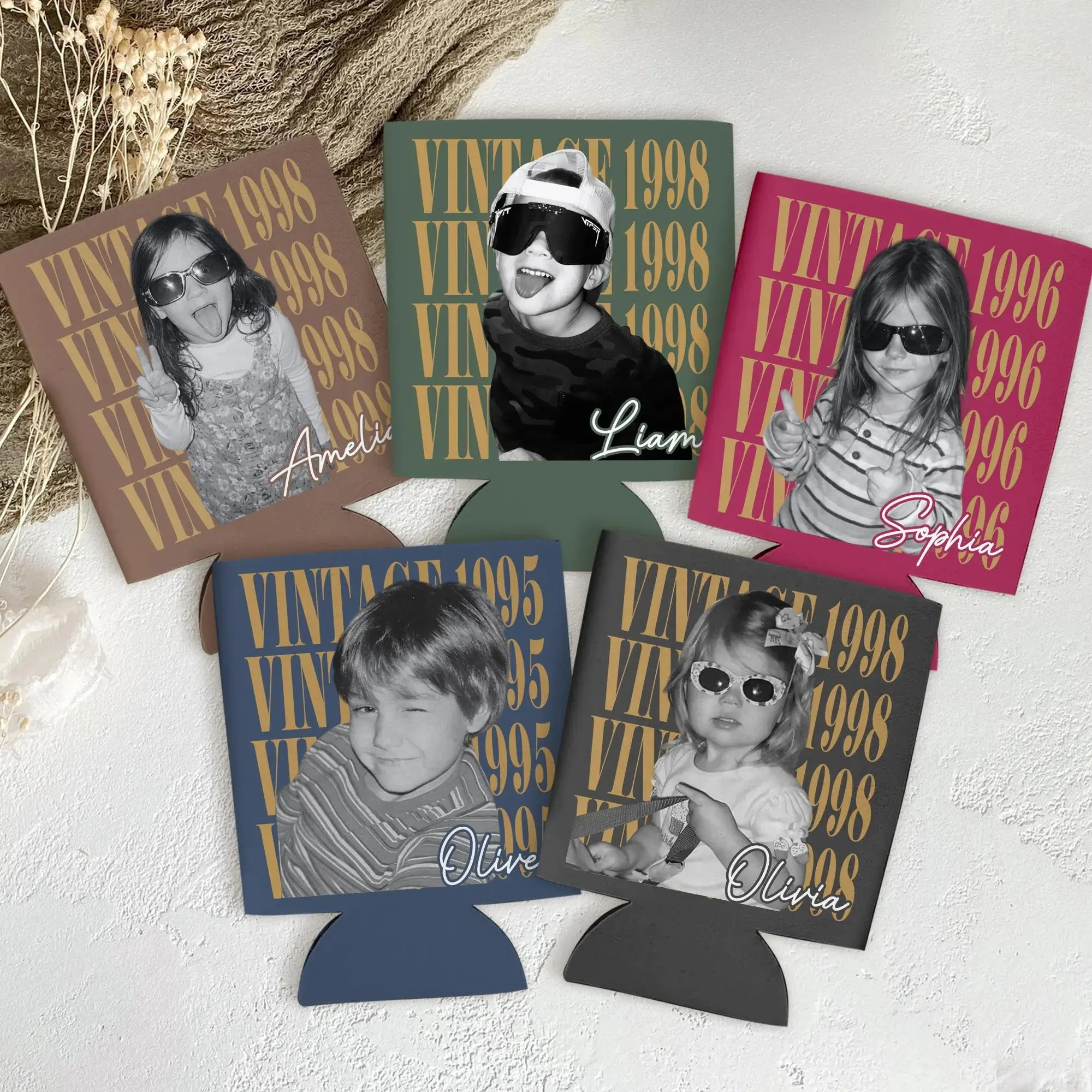 Personalized Vintage Photo Birthday Can Cooler, Custom Photo Drink Holder, 30th 40th Birthday Party Favor Gift
