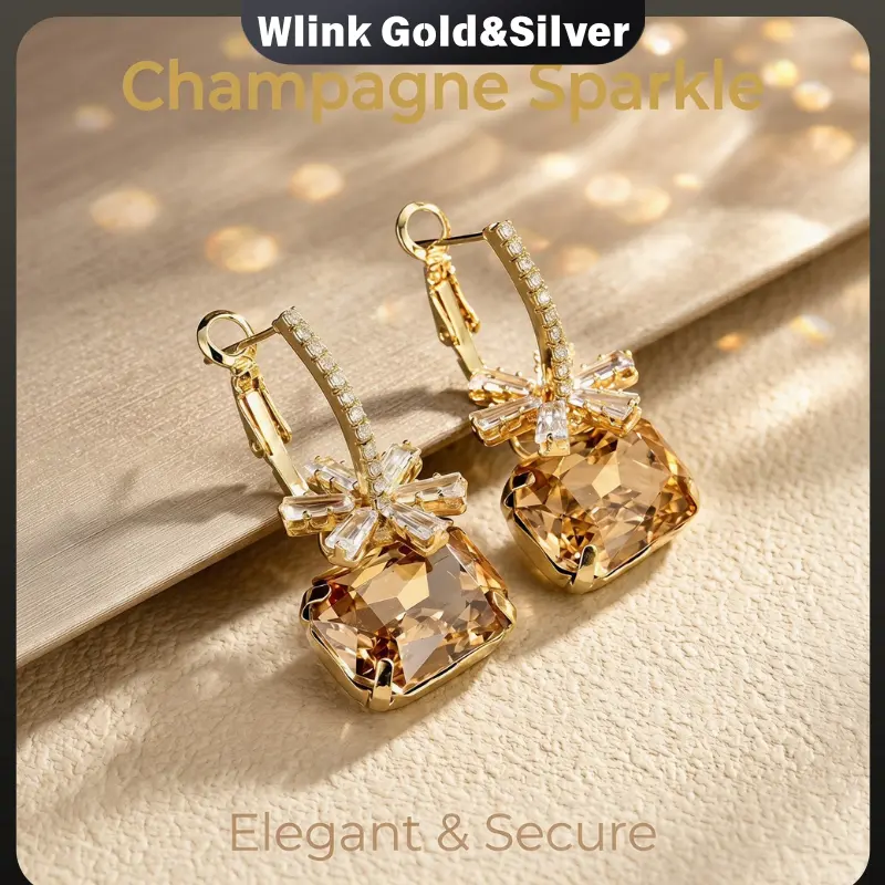 Gold Plated Lever Back Drop Earrings for Women, Cushion Cut Champagne Zircon Dangle Earrings with Baguette Crystal Flower Design, Sparkly Formal Jewelry for Wedding Party Anniversary Gift