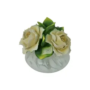 Essential Oil Diffuser with Reeds Hand Blown Glass Bowl and Ceramic Top with Yellow and Cream Peonies
