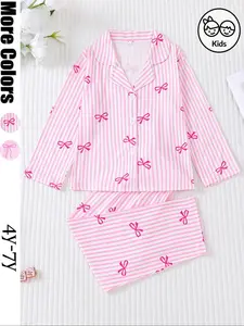 Cute Bow Print Kids Pajama Set, Fireproof Fabric, Long Sleeve Button Front Top & Elastic Pants, All Seasons Sleepwear, Pastel Cute Pajamas