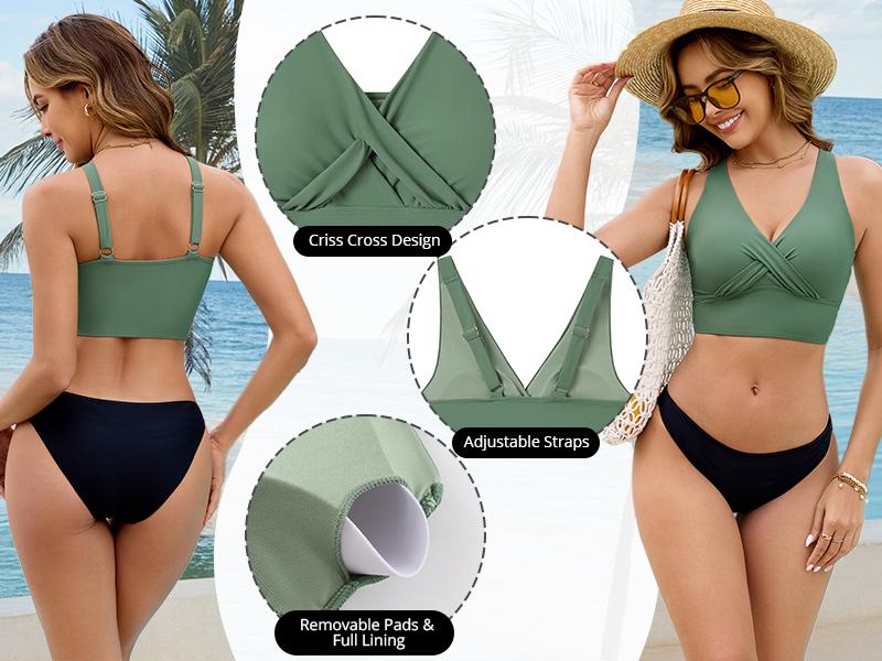 GRAPENT Bikini Top for Women Cropped Tankini Tops Beach Vacation Criss Cross Ruched Padded Bathing Suit Swim Top Only