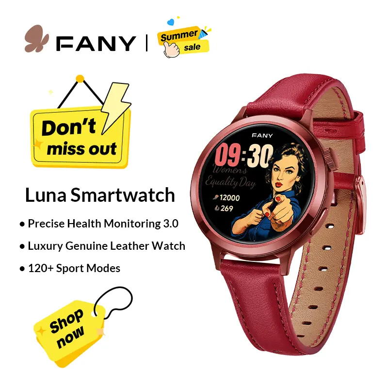 FANY Luna Women's Smartwatch - AMOLED Display, 110+ Sport Modes (Including Running), Fitness Tracker with Heart Rate, Sleep & SpO2 Monitor, 7-Day Battery, Waterproof, Bluetooth, Android Compatible, Leather Option, Ultra-Sleek Lightweight Round Wearable su