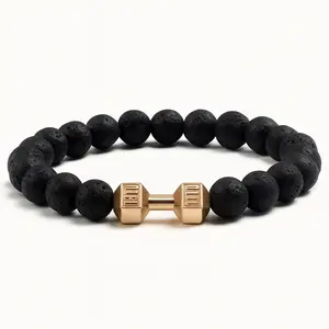 Black Lava Stone Beaded Bracelet with Gold Dumbbell Pendant