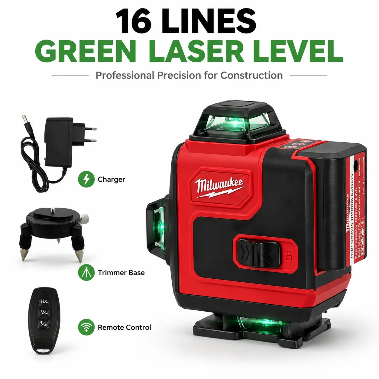 Milwaukee 16-Line Green Self-Levelling Laser Level Kit - Accurate Measurements Laser Leveler with Charger, Remote Control, Trimmer Base, Compact Atomic Tape Measure for Interior Decoration, Whole-House Layout