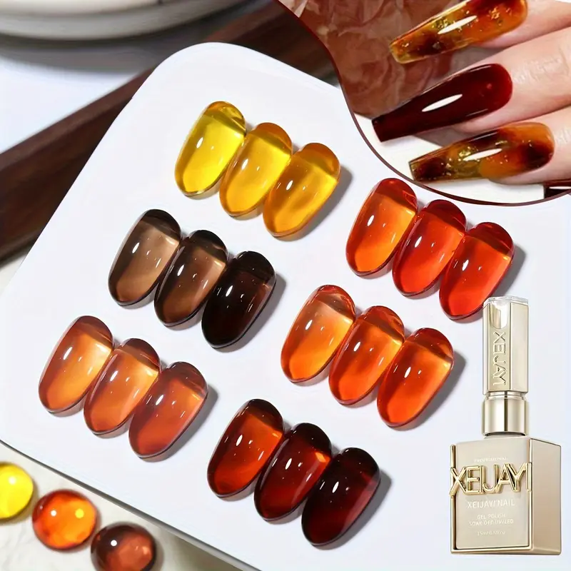 XEIJAYI 6PCS/1pc 15ML 【TPO&HEMA Free】 Photo Frame Bottle Amber Gel Nail Polish Set, 6 Warm Amber Shades with Glossy Finish, Soak-Off UV LED Nail Gel for DIY Manicure, Nail Art Design, Home and Salon Use, Seasonal Styling and Creative Nail Decoration