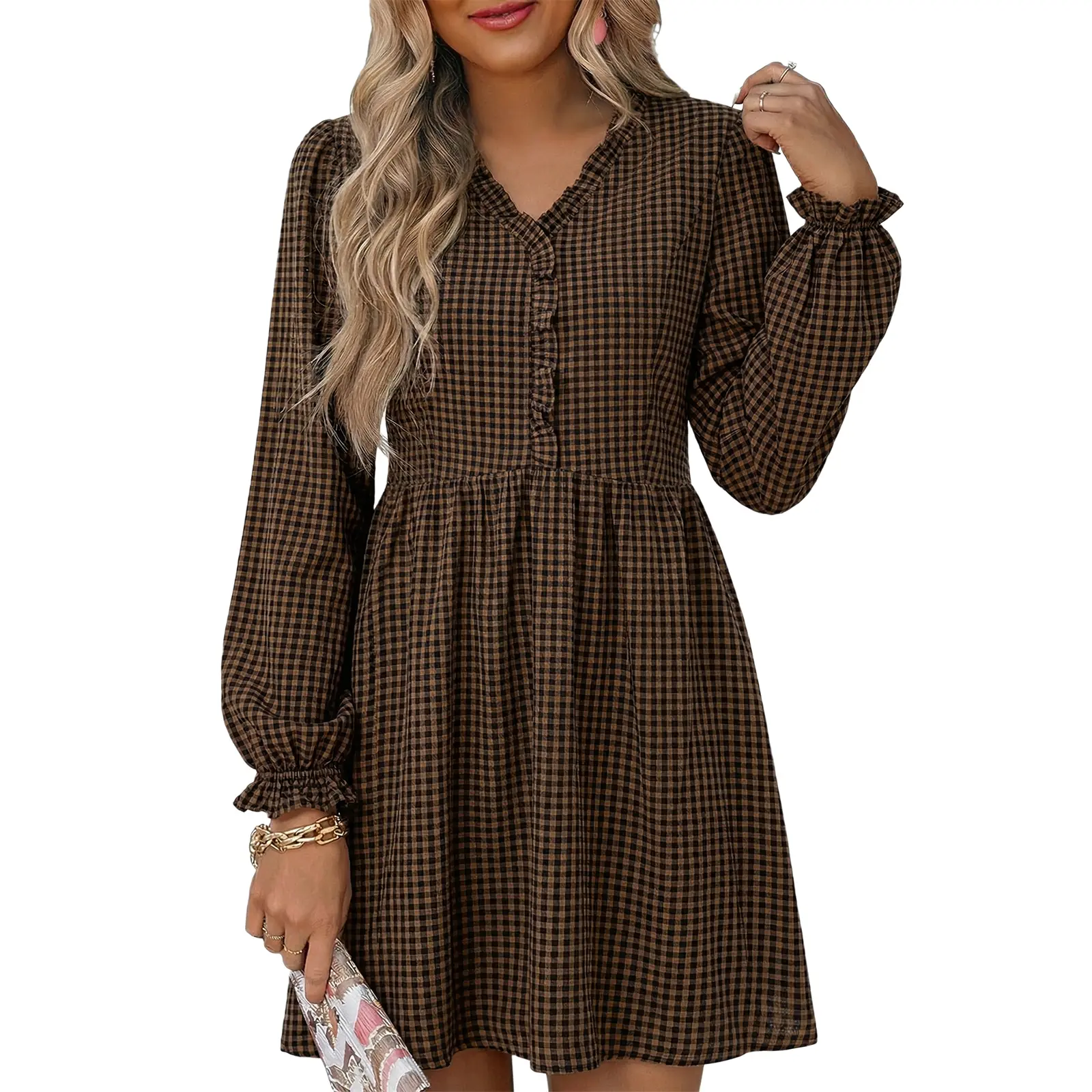Dokotoo Women Casual Loose Frill V neck Long Sleeve A-line Shift Plaid High Waist Dress