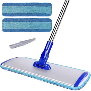 Professional 18" Microfiber Mop - Flat Mop with Stainless Steel Handle, 2  Washable Pads, Hardwood & Laminate (Blue)
